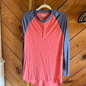 Heathered red and heathered blue, 3 button long sleeve top
